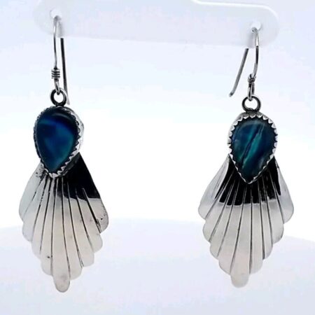Sterling Silver Pear-Shaped Iridescent Blue Stone Dangle Earrings 6.0 Grams
