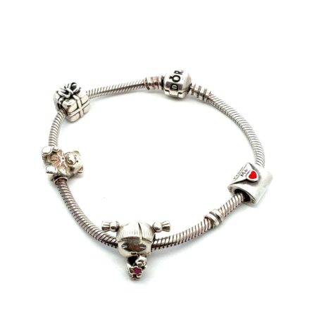 Pandora 6.75” .925 Sterling Silver Moments Bracelet, 5 Charms, 29.5g