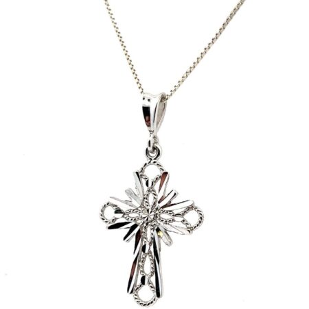18” 925 Sterling Silver Diamond Cut Cross Pendant on 925 SS Box Chain 3.7g