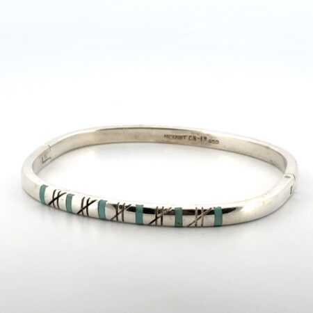 7” Vintage Mexico 950 Silver Turquoise Inlay Hinged Bangle Bracelet 23.2g
