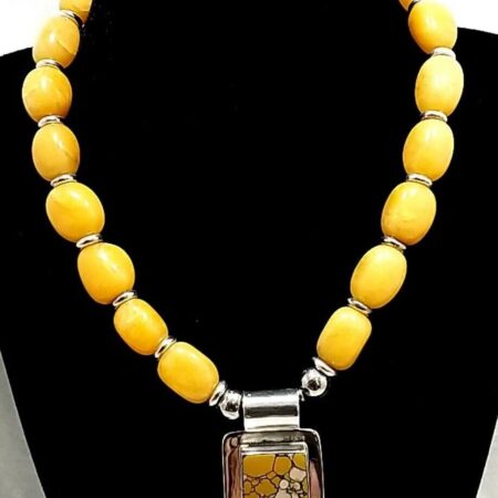 Baltic Amber Bead 16" Necklace with Sterling Silver Yellow Turquoise Pendant
