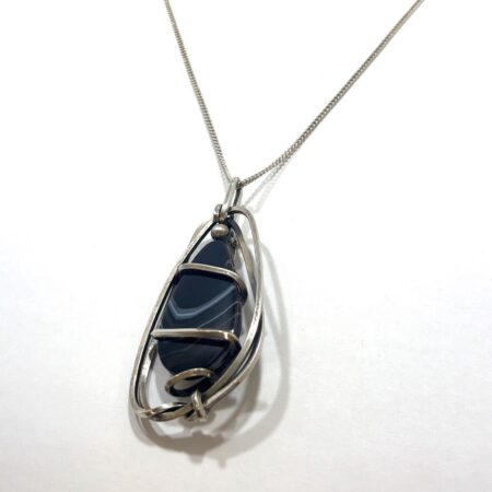 925 Sterling Silver Abstract Banded Onyx Pendant on 23” Sterling Silver Necklace