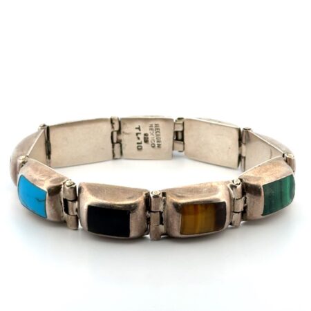 Vintage 6.5” Mexico 925 Sterling Silver Multi-Stone Inlay Bracelet 48.8g