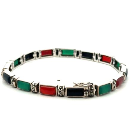 7.75” .925 Sterling Silver Green Onyx, Carnelian, & Onyx Tennis Bracelet, 17.5g
