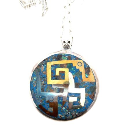 Vtg. 27” Taxco 925 Sterling Silver Brass Copper Turquoise & Lapis Pendant 41.5g
