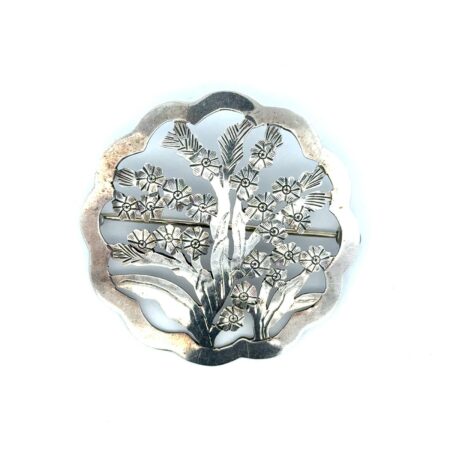 .925 Sterling Silver Flora Brooch/Pin Marked SGF, 45mm Round, 10.1g