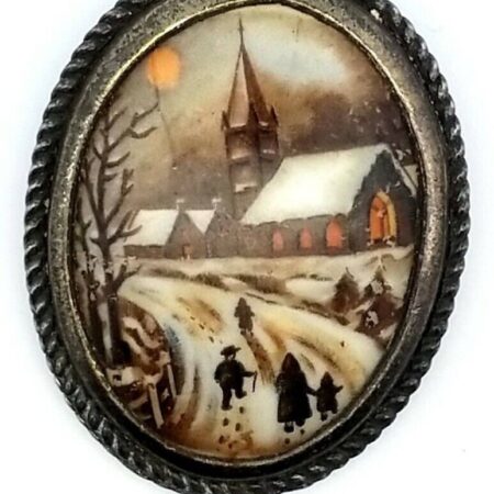 Vintage Oval Limoges France Porcelain Brooch Winter Snow Village Scene Church