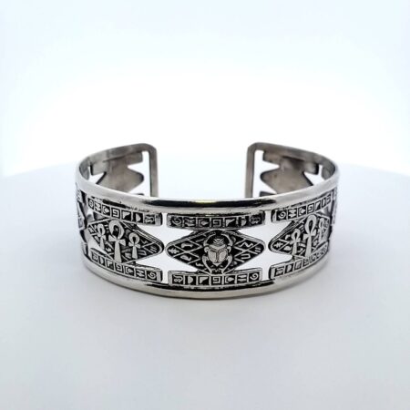 Egyptian Hieroglyphic Sterling Silver 8" Cuff Bracelet 39.7 Grams