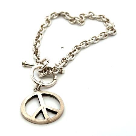 .925 Sterling Silver Peace Sign Charm, Toggle Close, 7.5” Wrist, 11.8g