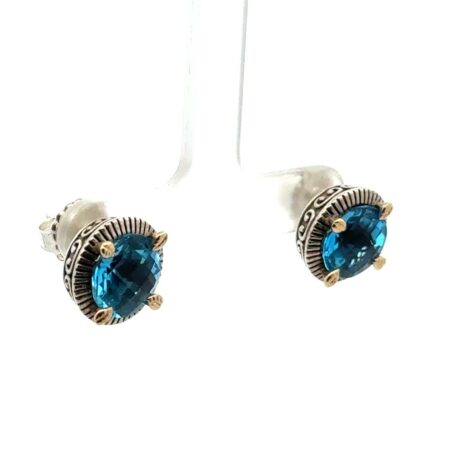 .925 Sterling Silver & 14k Gold, Blue Topaz Stud Earrings, 6.8g