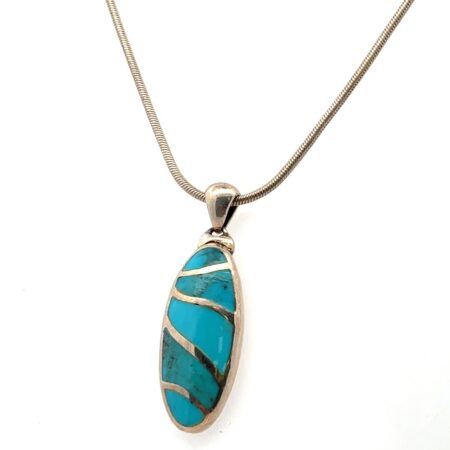 20” 925 Sterling Silver Oval Turquoise Pendant on Snake Chain Necklace 15.0g