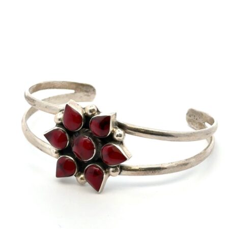 7” 925 Sterling Silver Red Jasper Flower Design Cuff Bracelet 21.3g