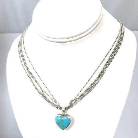 18” 5-Strand Ball Chain Necklace w/ Turquoise Heart Pendant 925 Sterling Silver