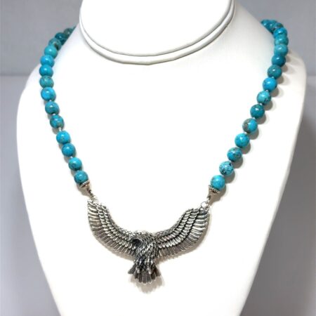 14”-20” Large 925 Sterling Silver Eagle Pendant on Turquoise Beaded Necklace 54g