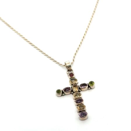 18” Multi-Stone Cross Pendant 925 Sterling Silver Rope Chain Necklace 12.8g