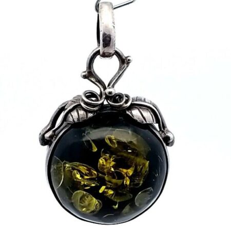 Sterling Green Amber Pendant, Deep Black Green Color w/ Sage Green Inclusions