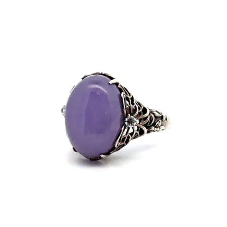 Size-11 925 Sterling Silver Lavender Jade Cabochon Filigree Ring, 7.3g