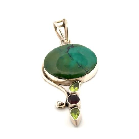 925 Sterling Silver Green Turquoise Peridot & Garnet Pendant 8.6g