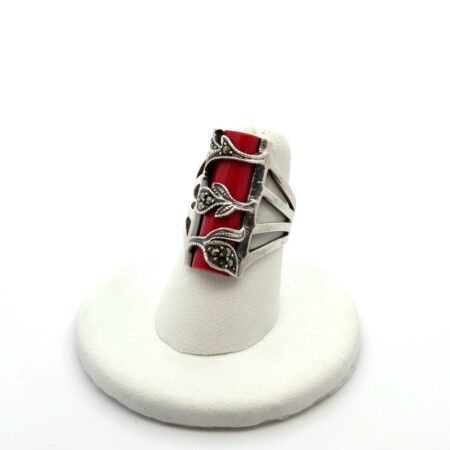 925 Sterling Silver Carnelian & Marcasite Floral Ring Size: 6