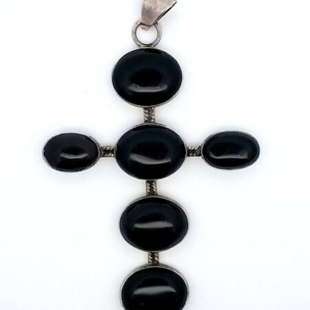 925 Sterling Silver 6 Black Onyx Cabochon Cross Pendant 27.6 Grams