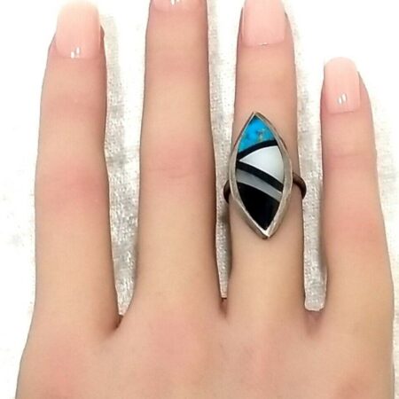 Vintage Sterling Silver Turquoise, Onyx & Mother of Pearl Inlay Ring Size-4.75