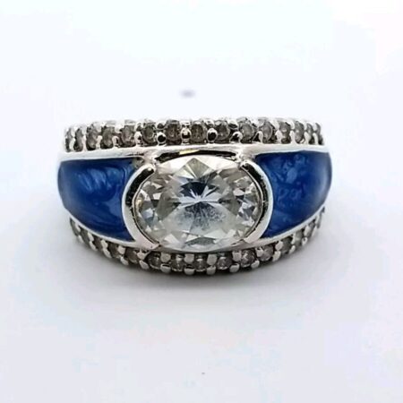 Sterling Silver Blue Enamel with Oval CZ's Ring 6.5 Grams Size-8