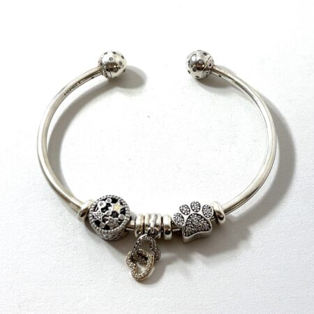 Pandora S925 ALE Cuff/Bangle Bracelet CZ Stones & 3 Charms 21.6g