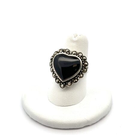 925 Sterling Silver Black Onyx & Marcasite Heart Ring Size: 7