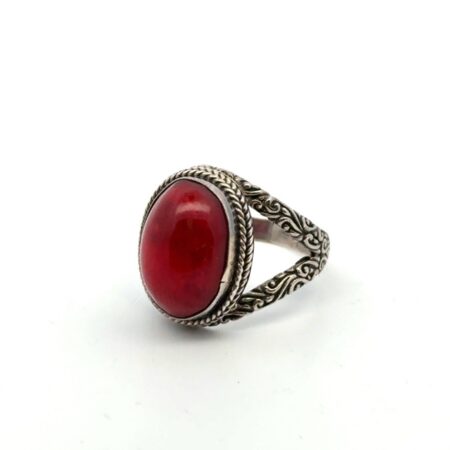 925 Sterling Silver Oval Red Coral Stone Ring Size: 8.5
