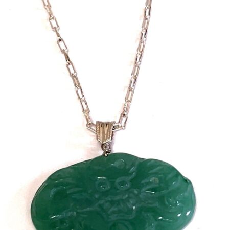 Sterling Silver 18” Paper Clip Chain with Carved Oval Jade Pendant 23.0 Grams