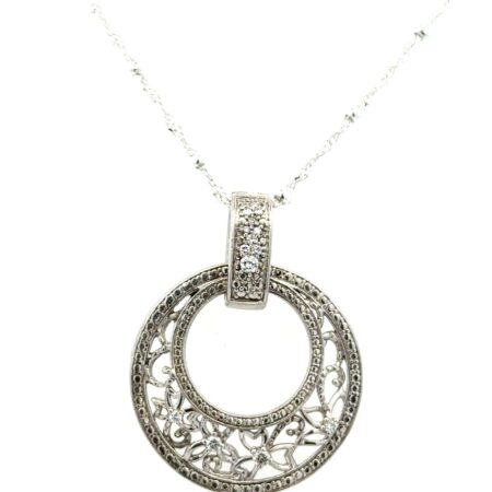 18” 925 Sterling Chain w/ 925 Sterling Silver Vintage Scrollwork CZ Pendant 14g