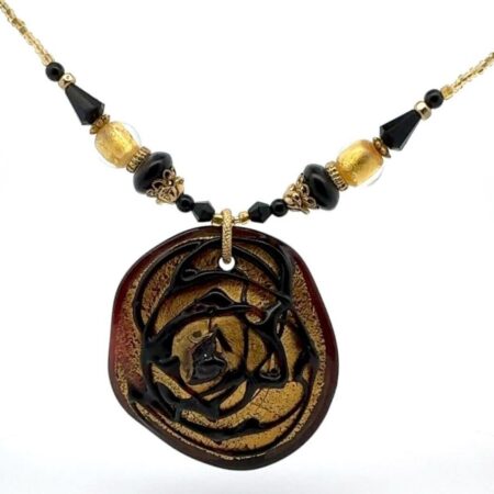 24" Large Brown & Gold Murano Glass Pendant on a Black & Gold Beaded Necklace