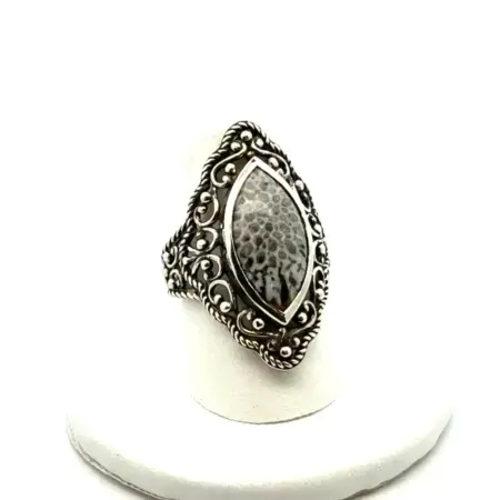 Vintage D’joy 925 Sterling Natural Black Coral Marquise Ring Size - 7, 8.3g