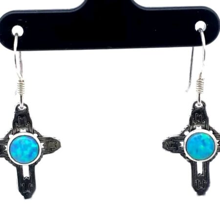 Sterling Silver Antiqued Created Opal Cross Earrings 3.5 Grams