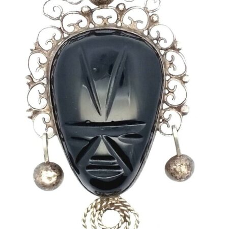 Vintage Aztec Warrior Curved Onyx Sterling Silver Mask Brooch/Pin 21.3 Grams