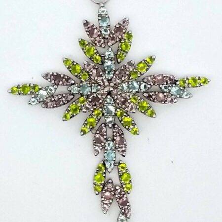 PJM Sterling Silver Multi-Color Stone Star Burst Cross Pendant 13.0 Grams