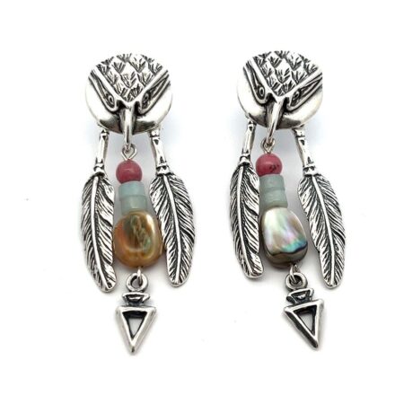 Designer Signed Eagle Raven Dangle Gemstone Feather Earrings 925 Sterling Silver