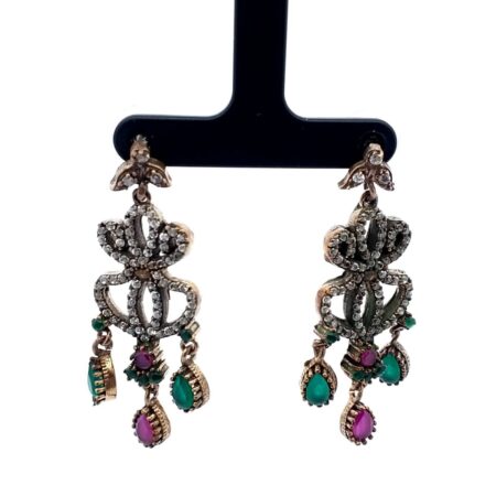 Sterling Silver & Copper Emerald & Ruby Glass Victorian Earrings 18.1 Grams