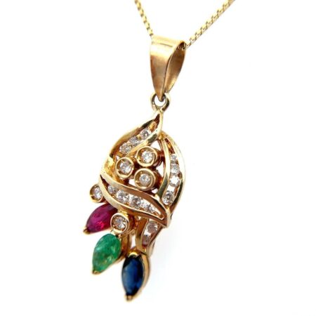 18" Vtg 14k Gold Box Chain w/ Natural Dia., Ruby, Emerald, Sapphire Charm 3.5g