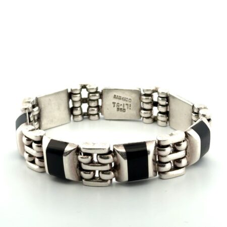 7” Mexico 950 Silver Heavy Onyx Link Bracelet 64.8g