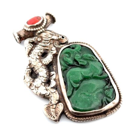Large 925 Sterling Silver Carved Jade & Coral Dragon Pendant 52.1g