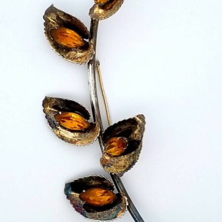 Vintage Sterling Silver Floral Leaf with Citrine Color Stones 4.75" Brooch/Pin