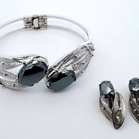 Sorrento Sterling Hematite Filigree Hinged Bangle Bracelet&Clip on Earrings Set