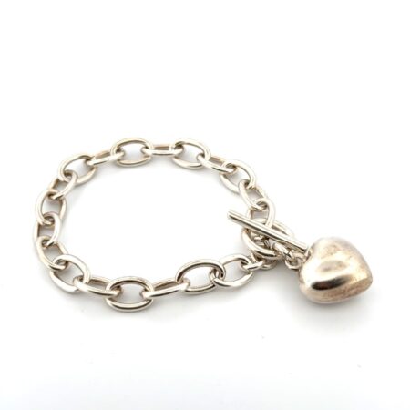 6.5” Puffy Heart Charm 925 Sterling Silver Toggle Clasp Bracelet 27.1g