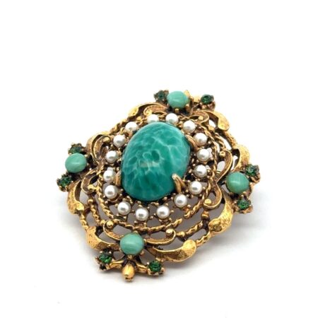 Vintage Gold Tone Filigree Peking Glass & Pearl Brooch/Pin/Pendant, Florenza 16g