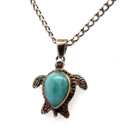 24” 925 Sterling Silver Ocean Blue Larimar Sea Turtle Pendant on SS Chain 14.8g