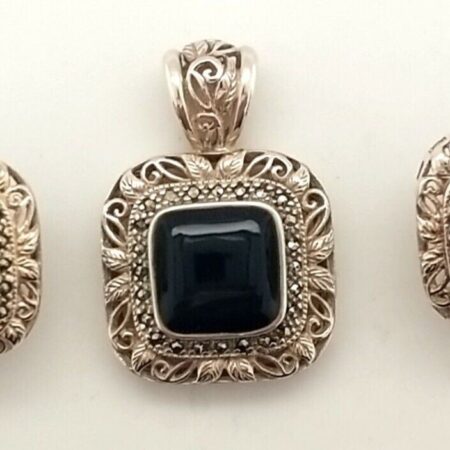 Vintage 925 Silver Black Onyx & Marcasite Pendant With Matching Earrings Set