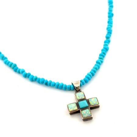 16” Turquoise Beaded Necklace w/ 925 Sterling Silver Opal & Turquoise Pendant