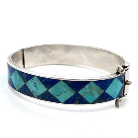 7.5” 970 Silver Turquoise & Lapis Lazuli Inlay Hinged Bangle Bracelet 30.6g