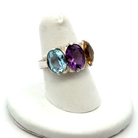 .925 Sterling Silver Citrine Blue Topaz Amethyst Stones Size 6.5, 4.9g